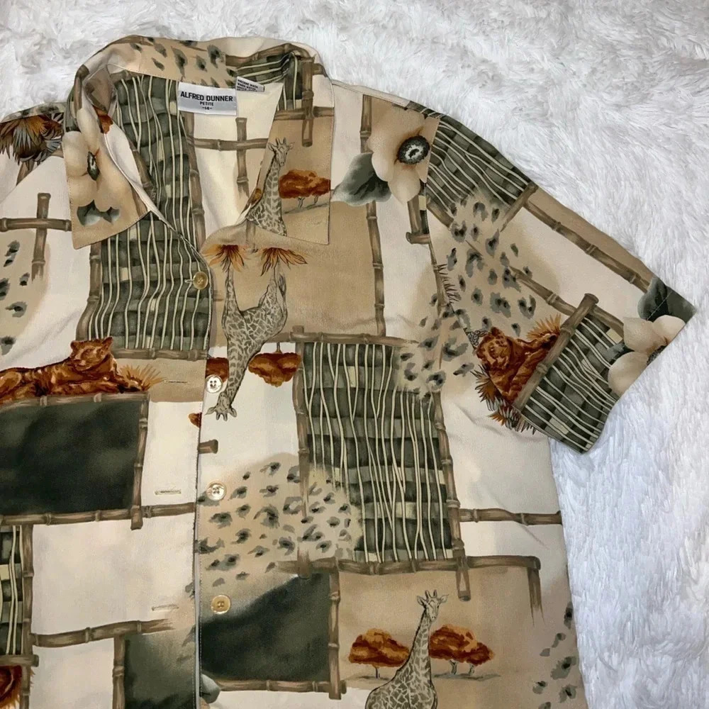 Alfred Dunner Beige Green Safari Print Short Sleeve Button-Up